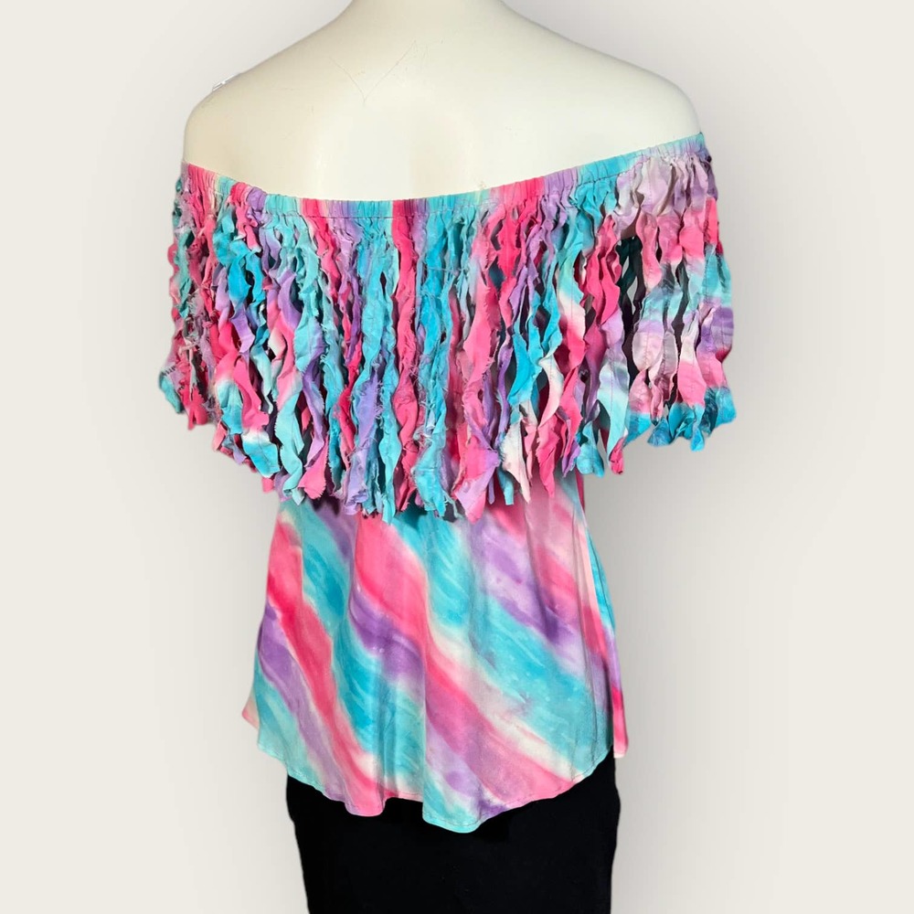 Vintage Silk Top (S) Off-Shoulder Fringe "B. Grisham" 80s - Picture 6 of 7